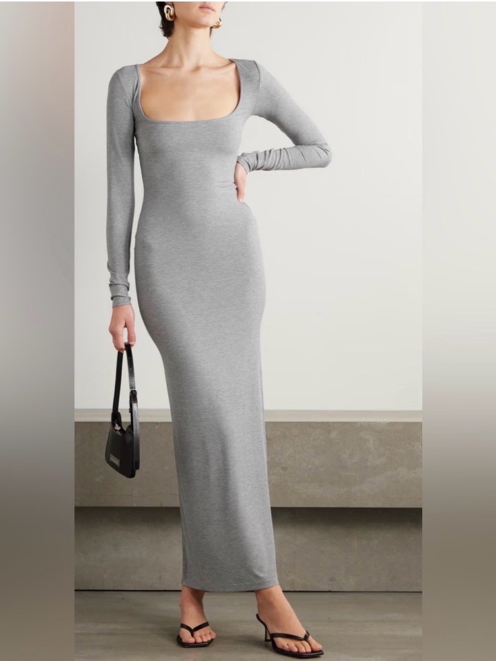 🩶 SKIMS Soft Lounge Long Sleeve Dress XS Heather Grey Bodycon Maxi Lounge Dress
